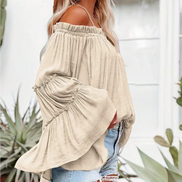 Boho Off Shoulder Flare Long Sleeve Top Blouse Shirt Black - Picture 14 of 16